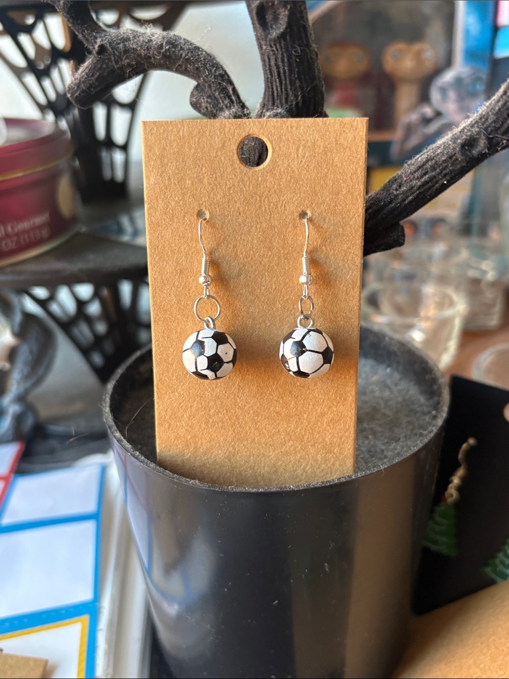 Wooden Black & White Soccer Ball Drop Earrings